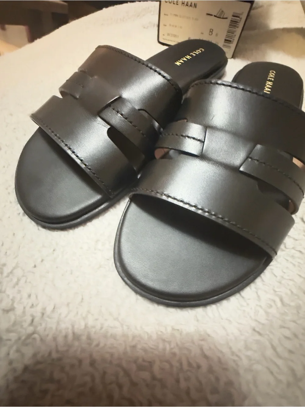 Cole Haan Flynn Slide Sandal Black Leather Woven Comfort Flat Size 8 New in Box!